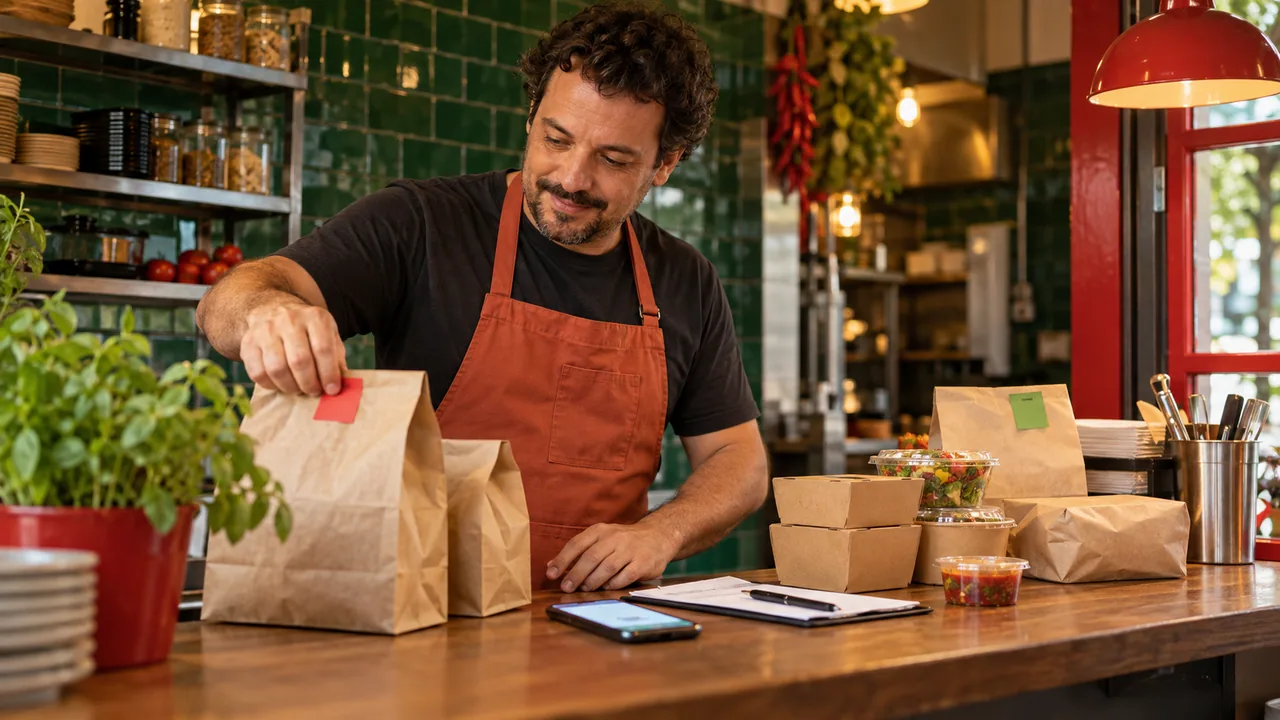 Responsável por um restaurante organiza embalagens de delivery.