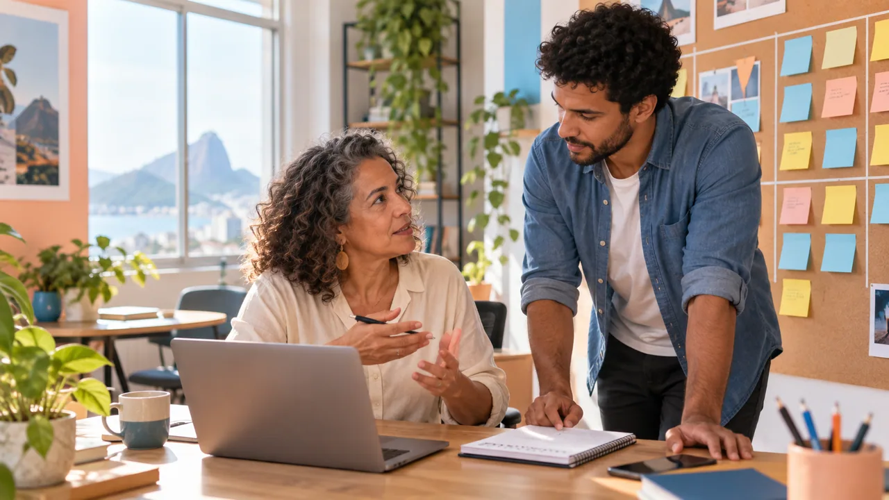 Profissionais conversam sobre atendimento e planejamento semanal.