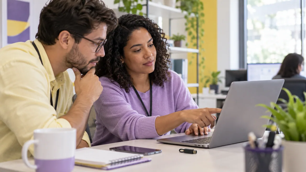 Profissionais revisam acessos em um notebook, com chave de segurança sobre a mesa.