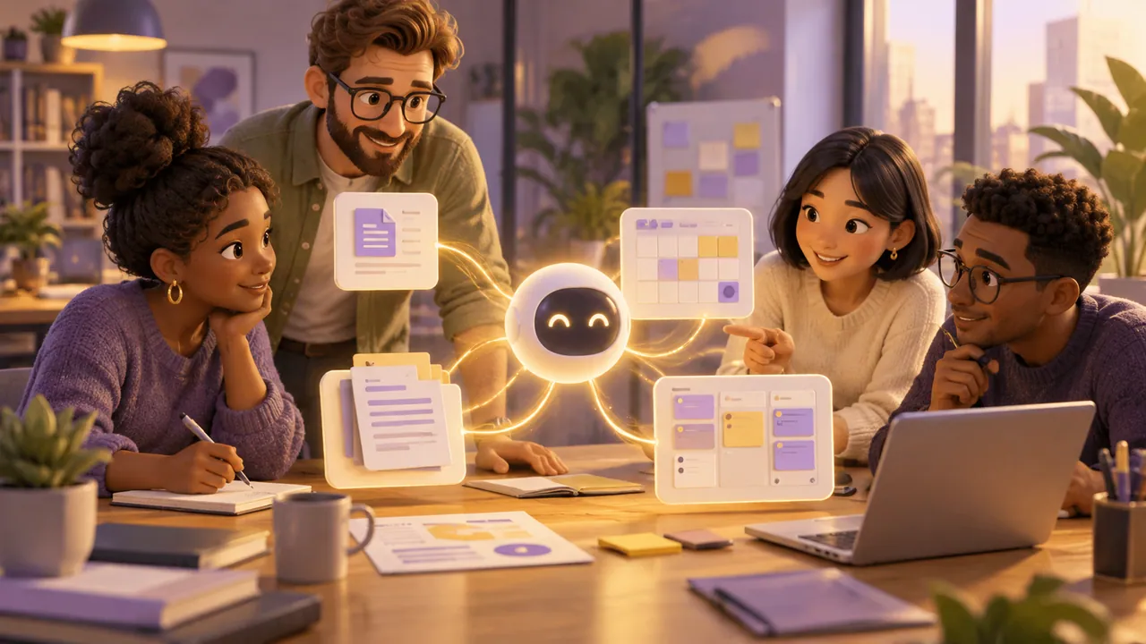 Ilustração de uma equipe de pequena empresa conectando documentos e tarefas com um assistente de IA abstrato.