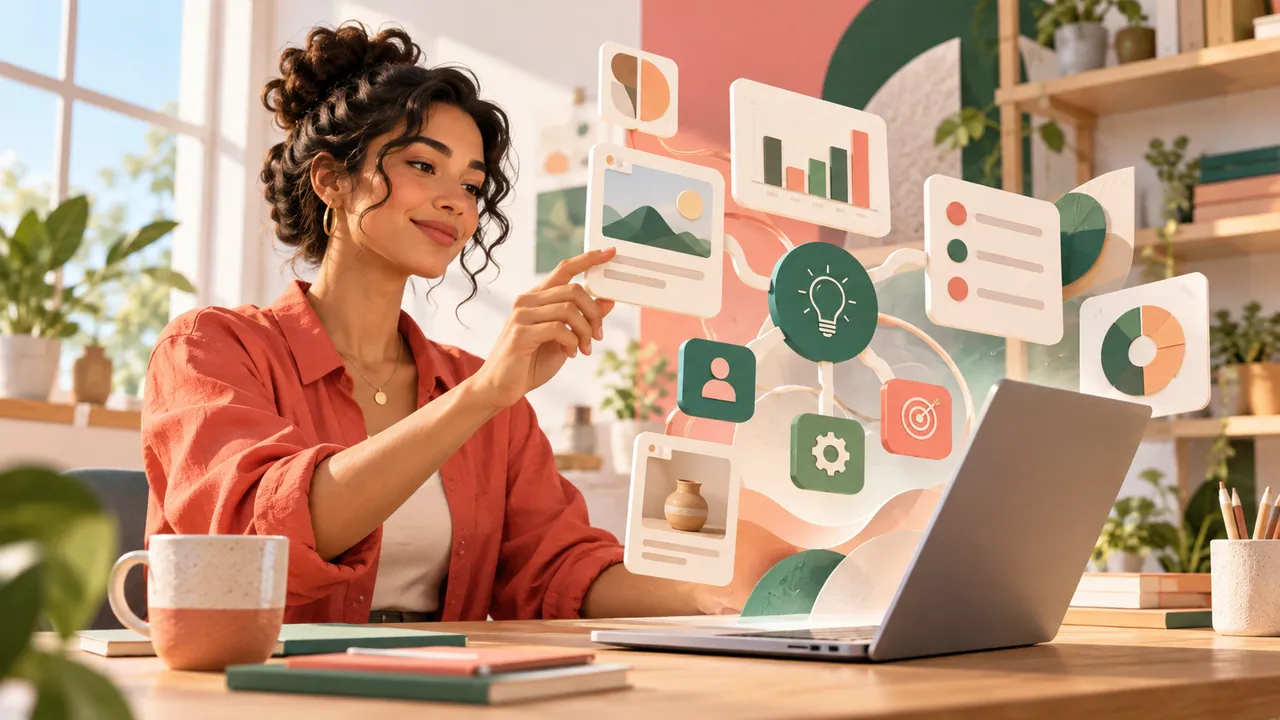 Ilustração de uma empresária explorando cartões e gráficos interativos ao lado de um notebook.