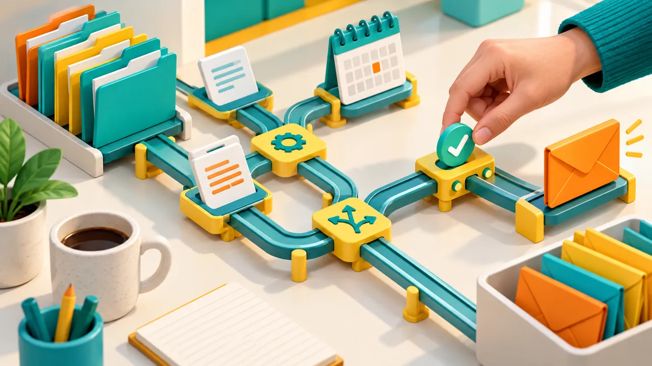 Ilustração isométrica de envelopes, pastas e calendário conectados por um fluxo com uma etapa de conferência humana.