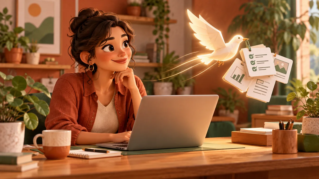 Empresária com notebook e um pássaro de papel transportando fichas de trabalho.