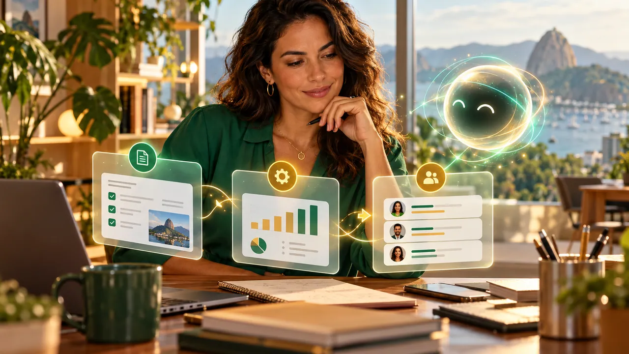 Ilustração de empreendedora organizando tarefas com apoio de inteligência artificial.