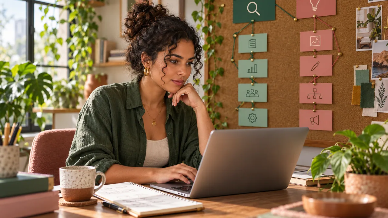 Empreendedora estuda estratégia de busca em um escritório com plantas e um quadro de duas trilhas de aprendizado.