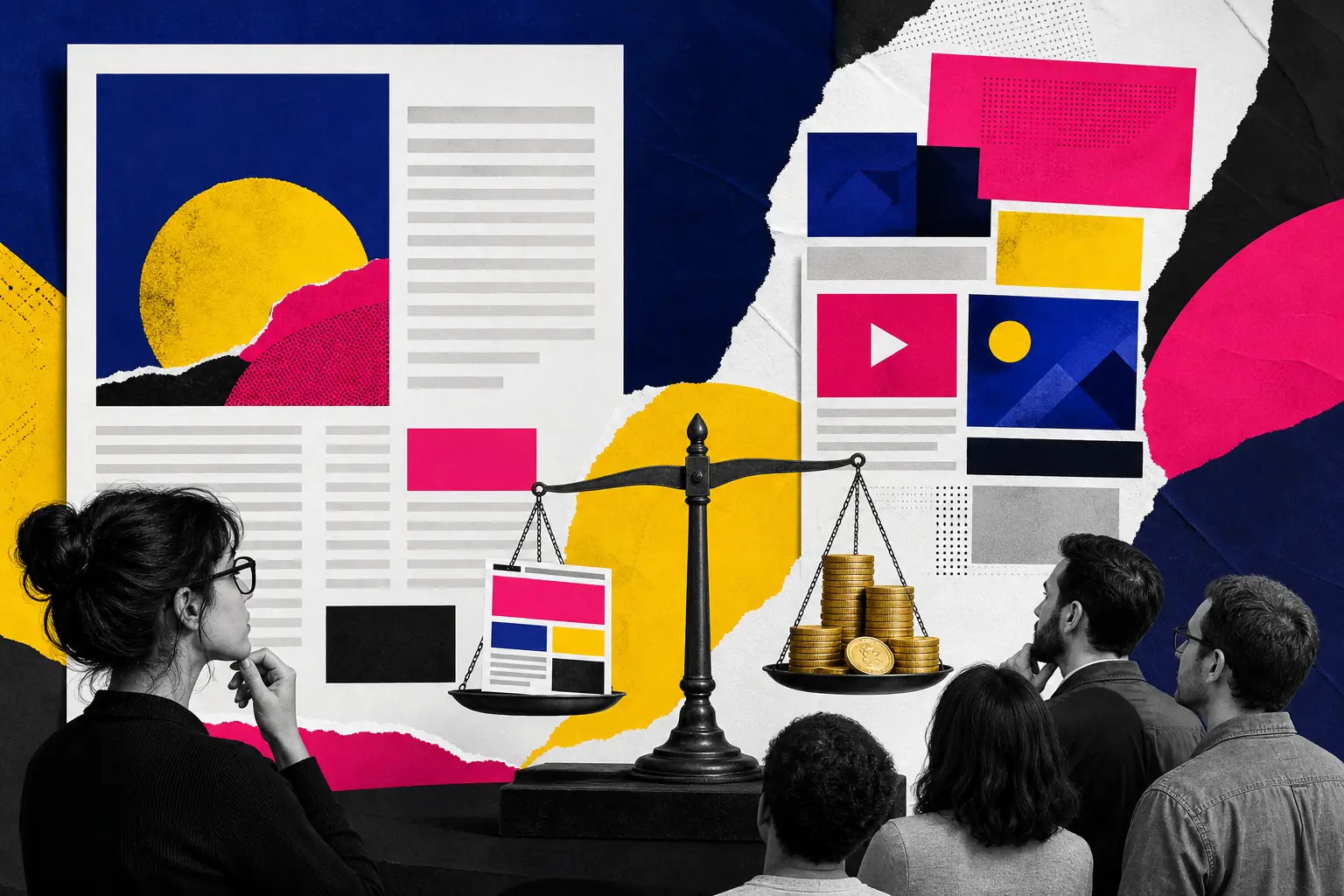 Colagem editorial com páginas de conteúdo, blocos publicitários, audiência e uma balança com receita.