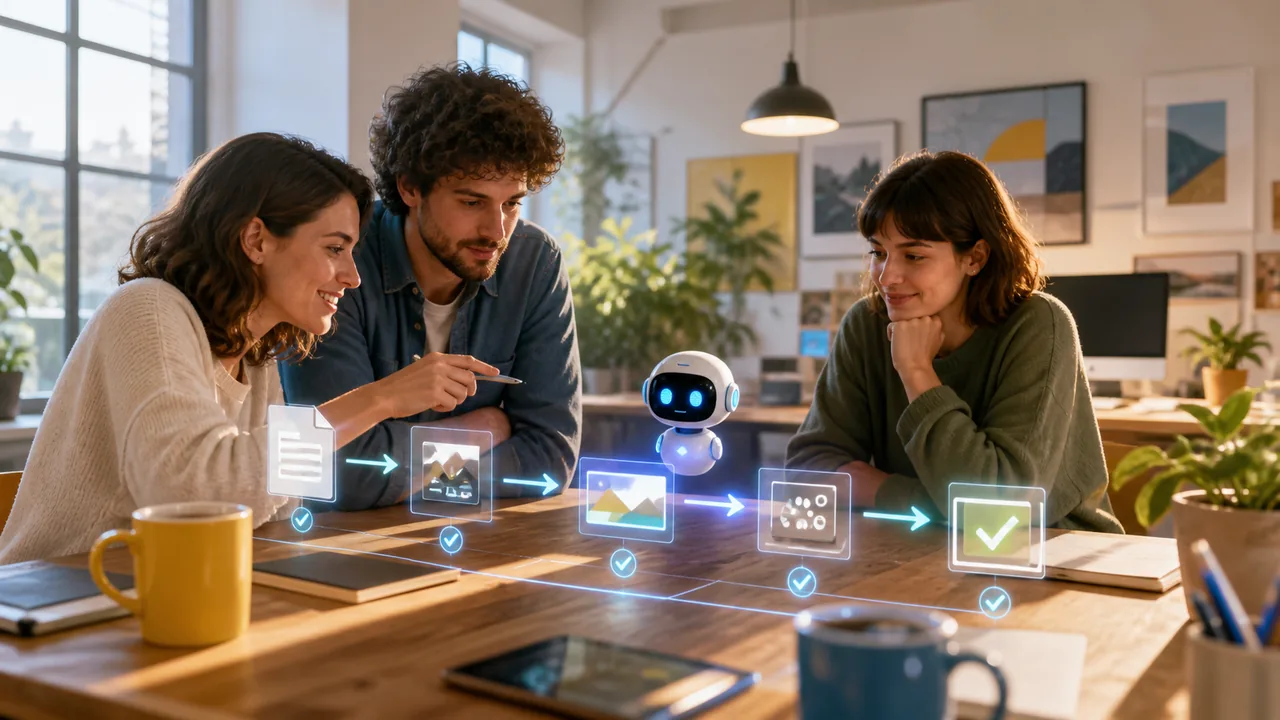 Equipe de pequena empresa supervisiona um agente de inteligência artificial em um fluxo de trabalho