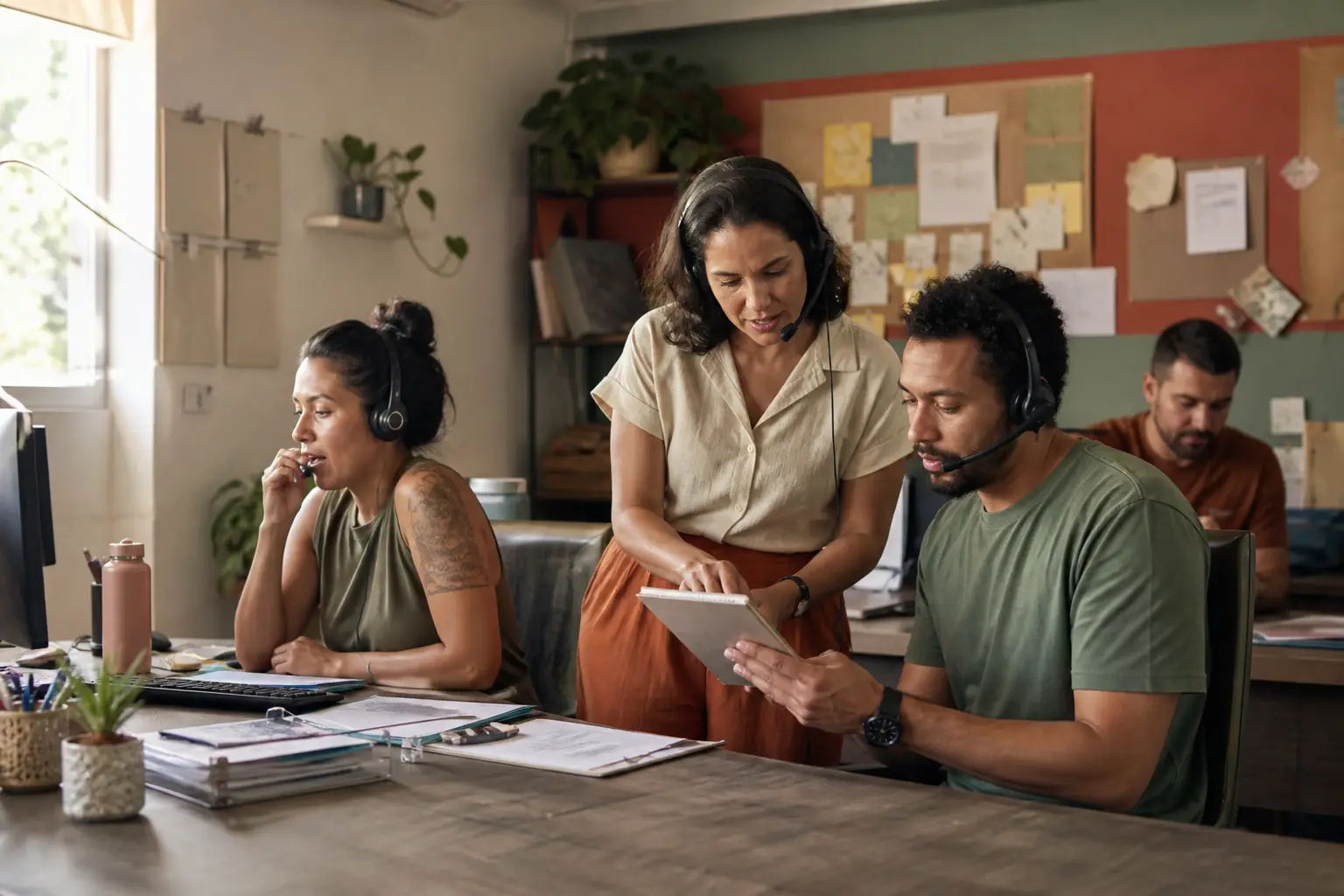 Equipe de atendimento de uma pequena empresa coordenando conversas e prioridades em um ambiente real.