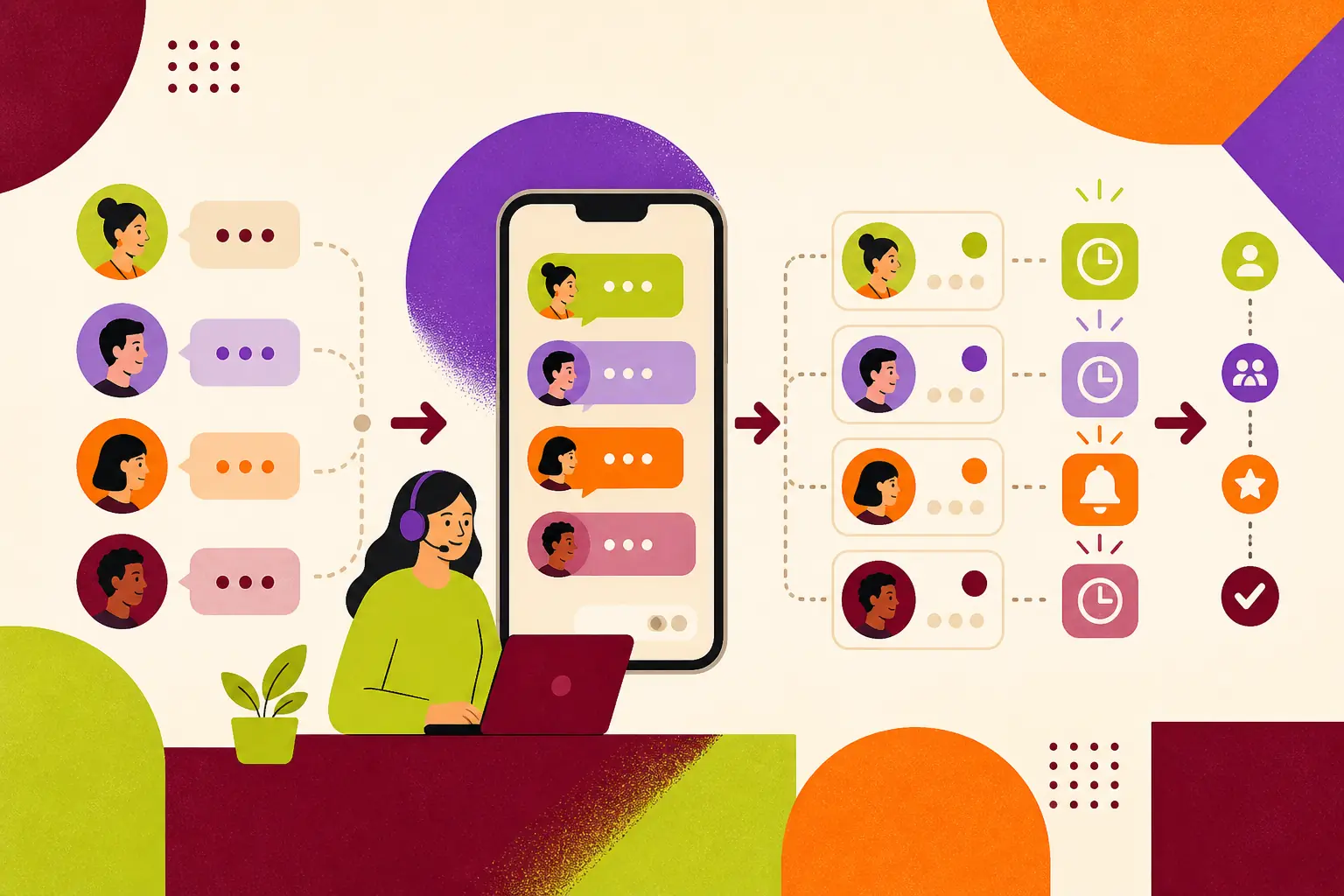 Ilustração de conversas no celular sendo organizadas em fichas, lembretes e etapas de atendimento.