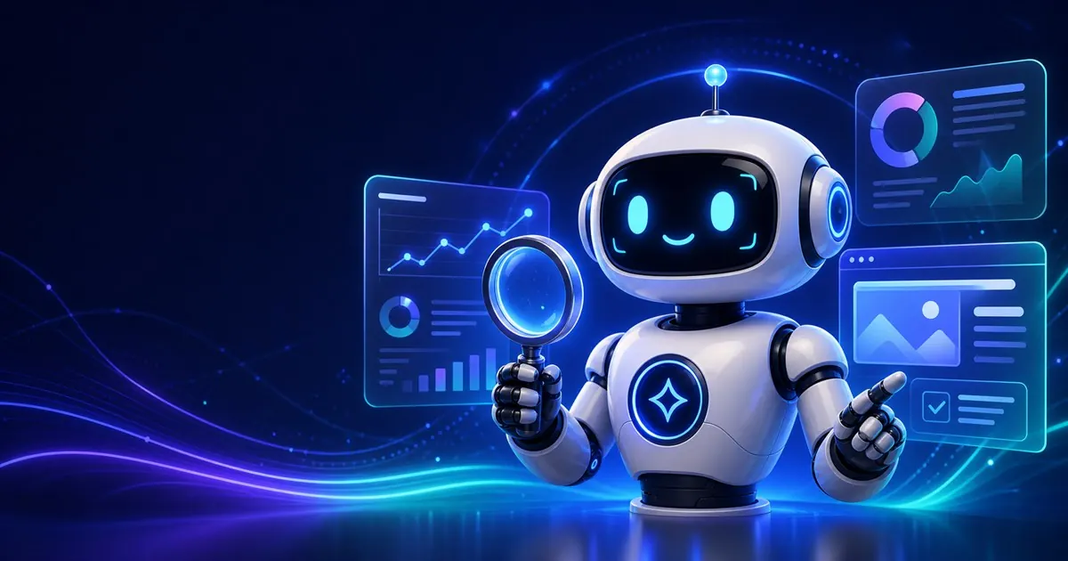 Robô com lupa analisando gráficos e páginas digitais