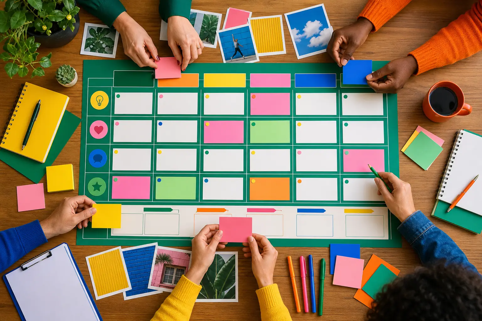 Equipe organizando cartões e imagens em um calendário editorial mensal colorido.