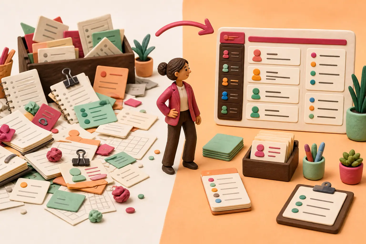 Ilustração em massa e papel mostrando dados de clientes saindo do caos para um sistema organizado.