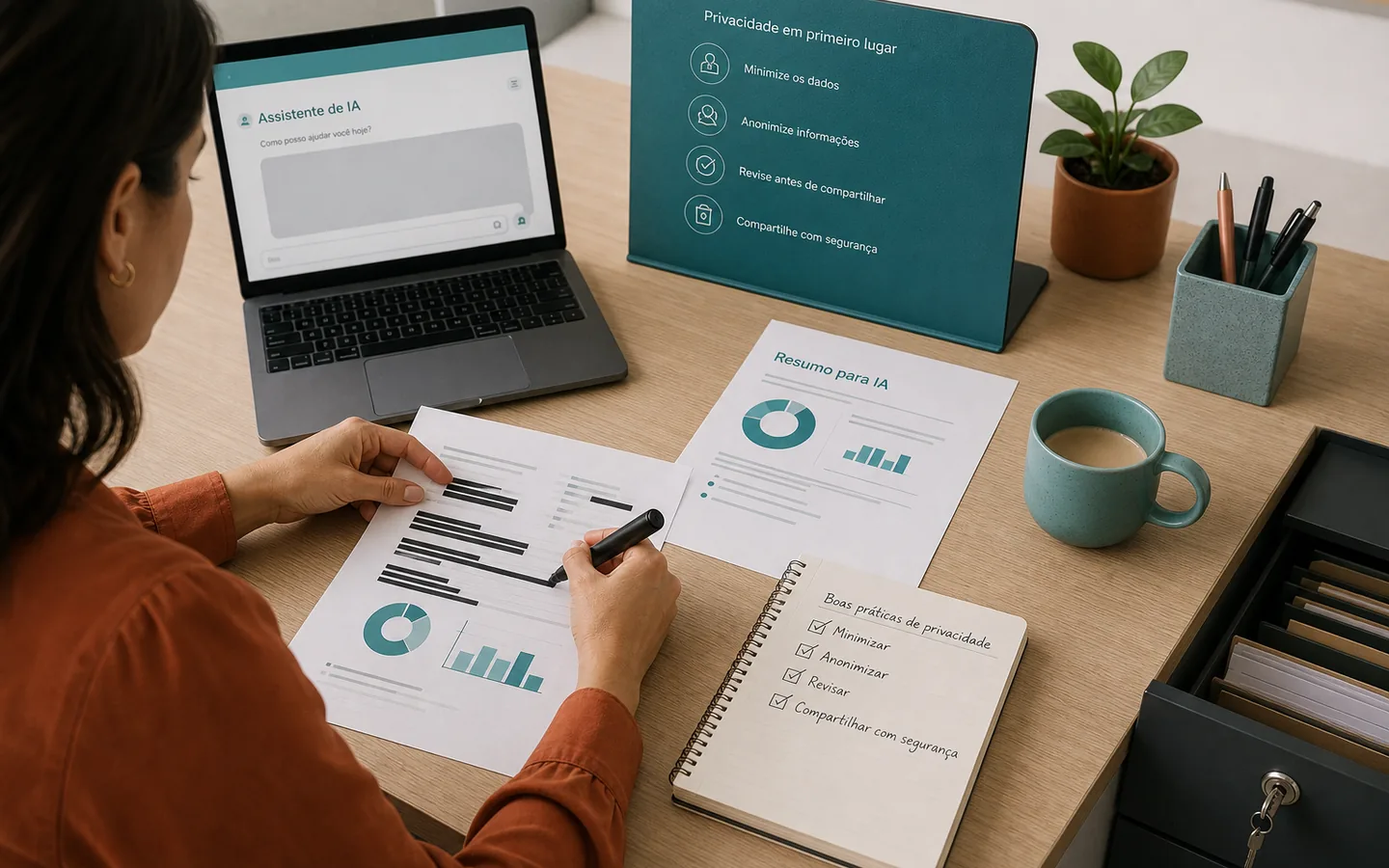 Profissional removendo informações sensíveis antes de usar um assistente de IA