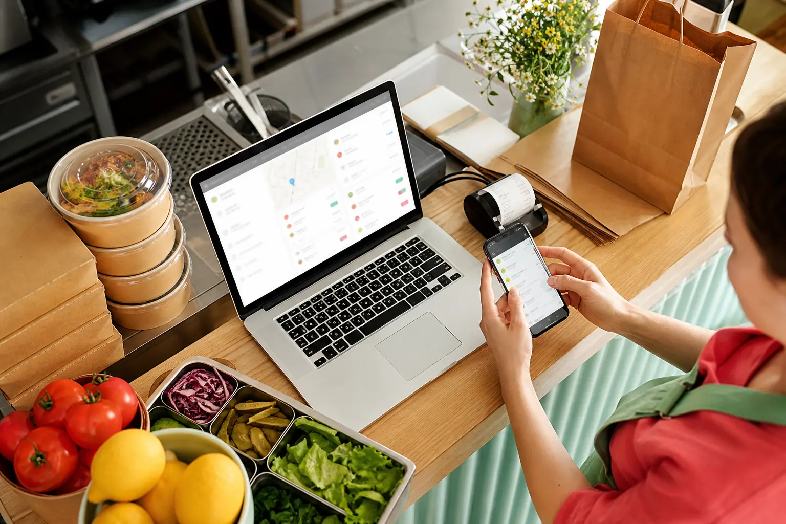 Atendente de delivery usando celular e notebook ao lado de pedidos e ingredientes organizados.