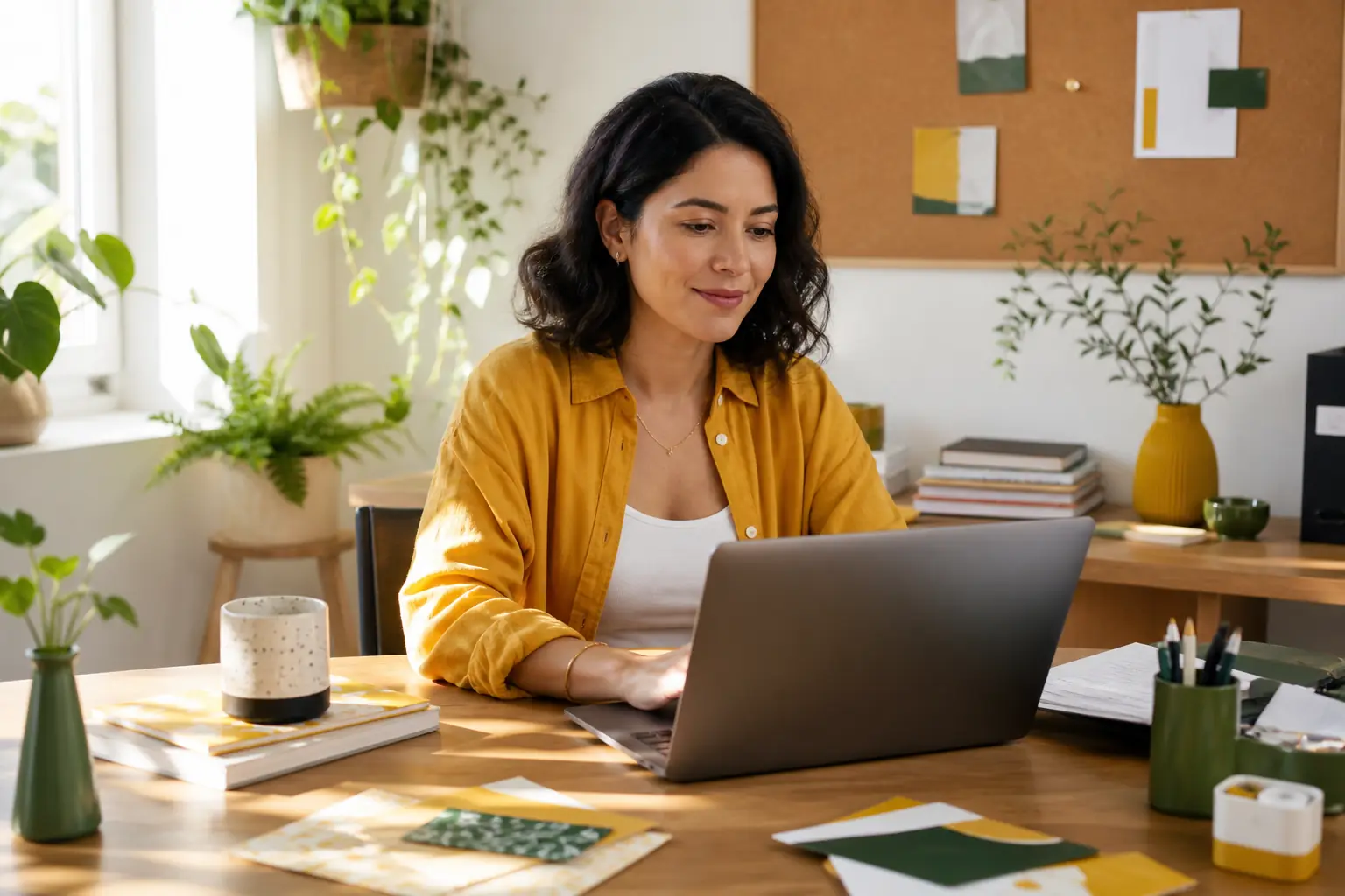 Empreendedora trabalhando em notebook com materiais visuais consistentes em um escritório iluminado.