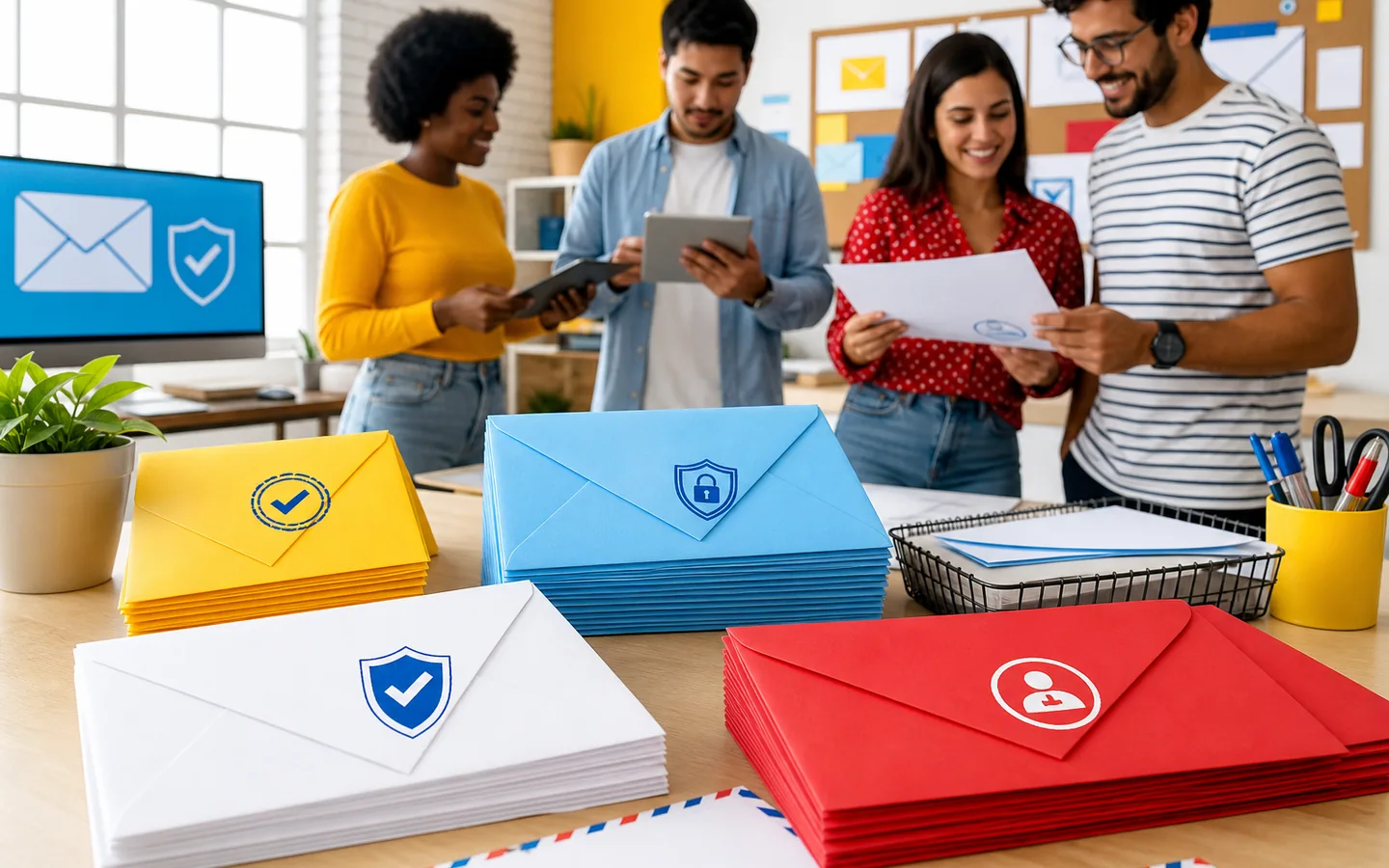 Equipe preparando campanha de e-mail autenticada e com controles de consentimento