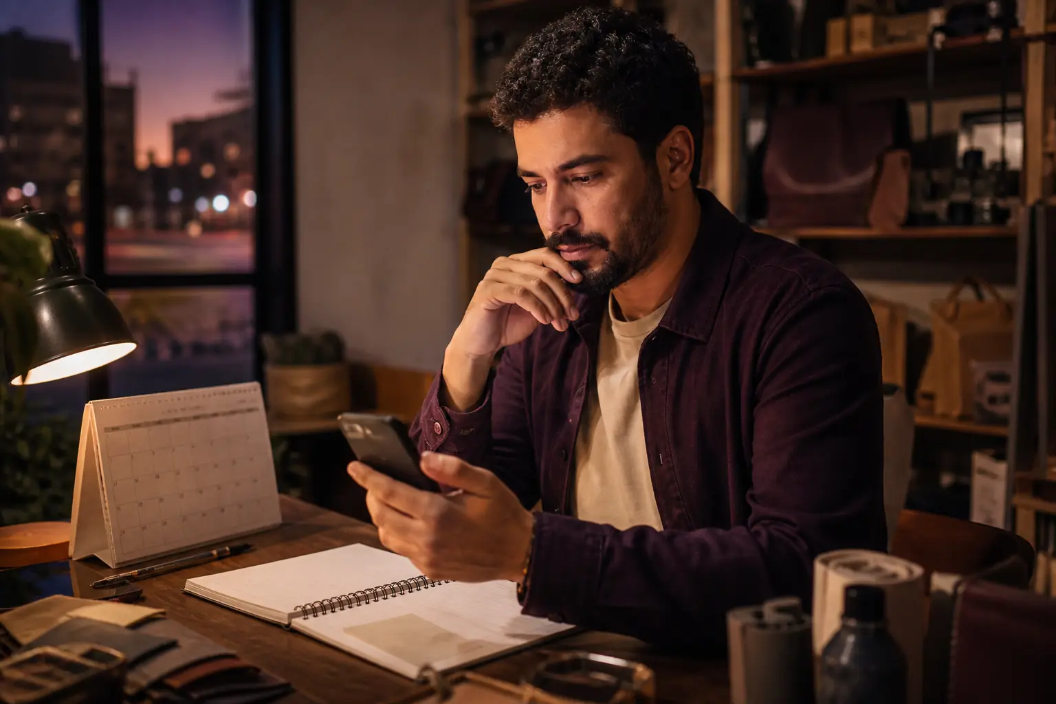 Vendedor analisa agenda e anotações antes de enviar uma mensagem de acompanhamento pelo celular.