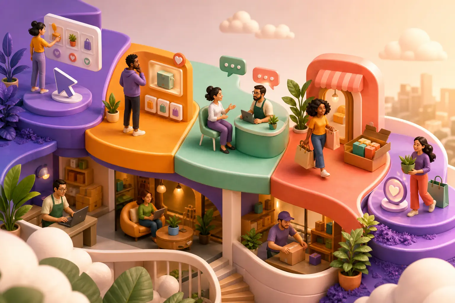 Ilustração tridimensional com pessoas percorrendo descoberta, conversa, compra e retorno em um pequeno negócio.