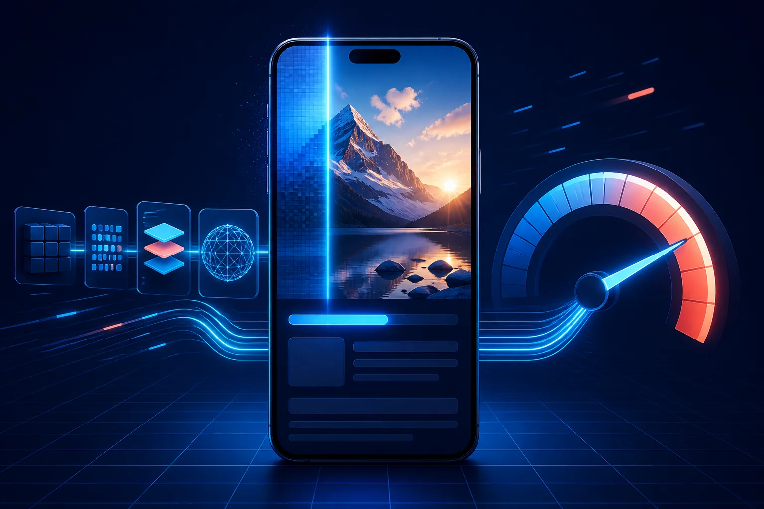 Celular exibindo a renderização da imagem principal ao lado de um medidor de velocidade.