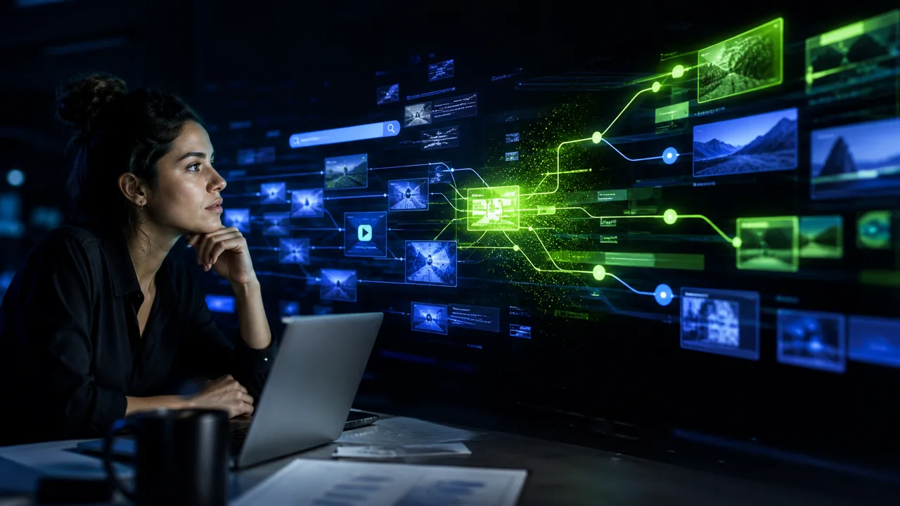 Pessoa explorando resultados de busca com inteligência artificial e fontes na tela