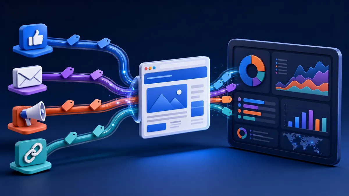 Canais de marketing com etiquetas de rastreamento convergindo para um painel