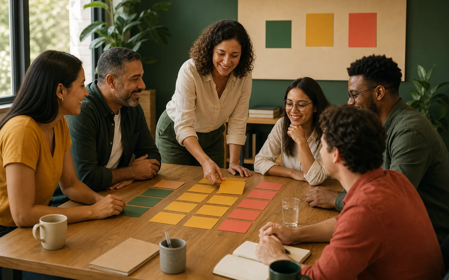Equipe de pequena empresa organizando regras de uso de inteligência artificial
