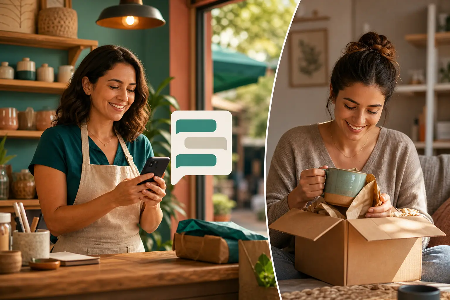 Comerciante enviando acompanhamento pelo celular enquanto uma cliente satisfeita abre o produto recebido.