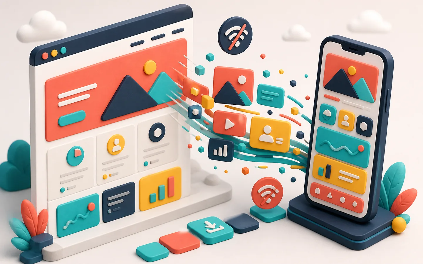 Ilustração de um site se transformando em aplicativo para celular