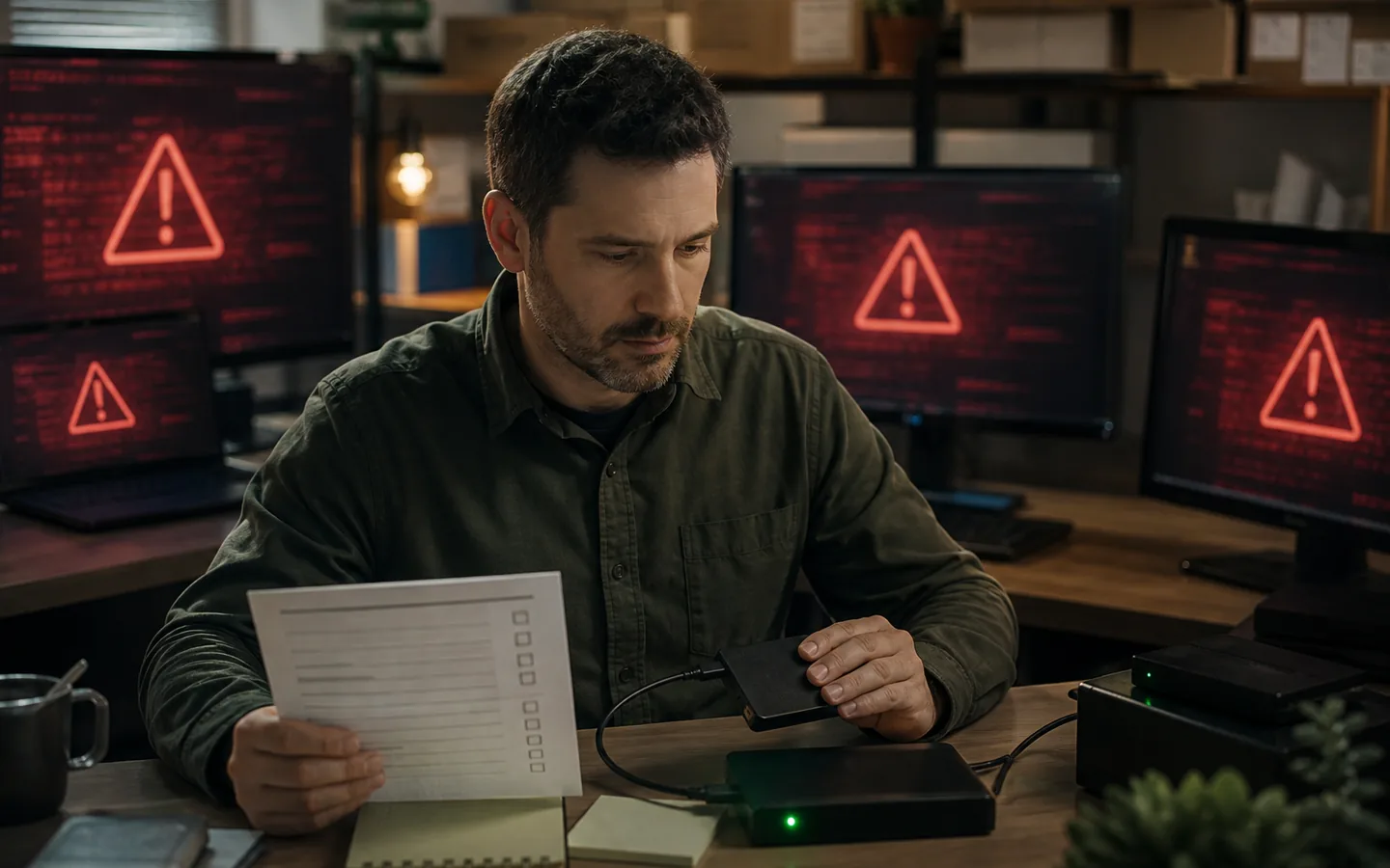 Empresário seguindo plano de recuperação durante incidente de ransomware