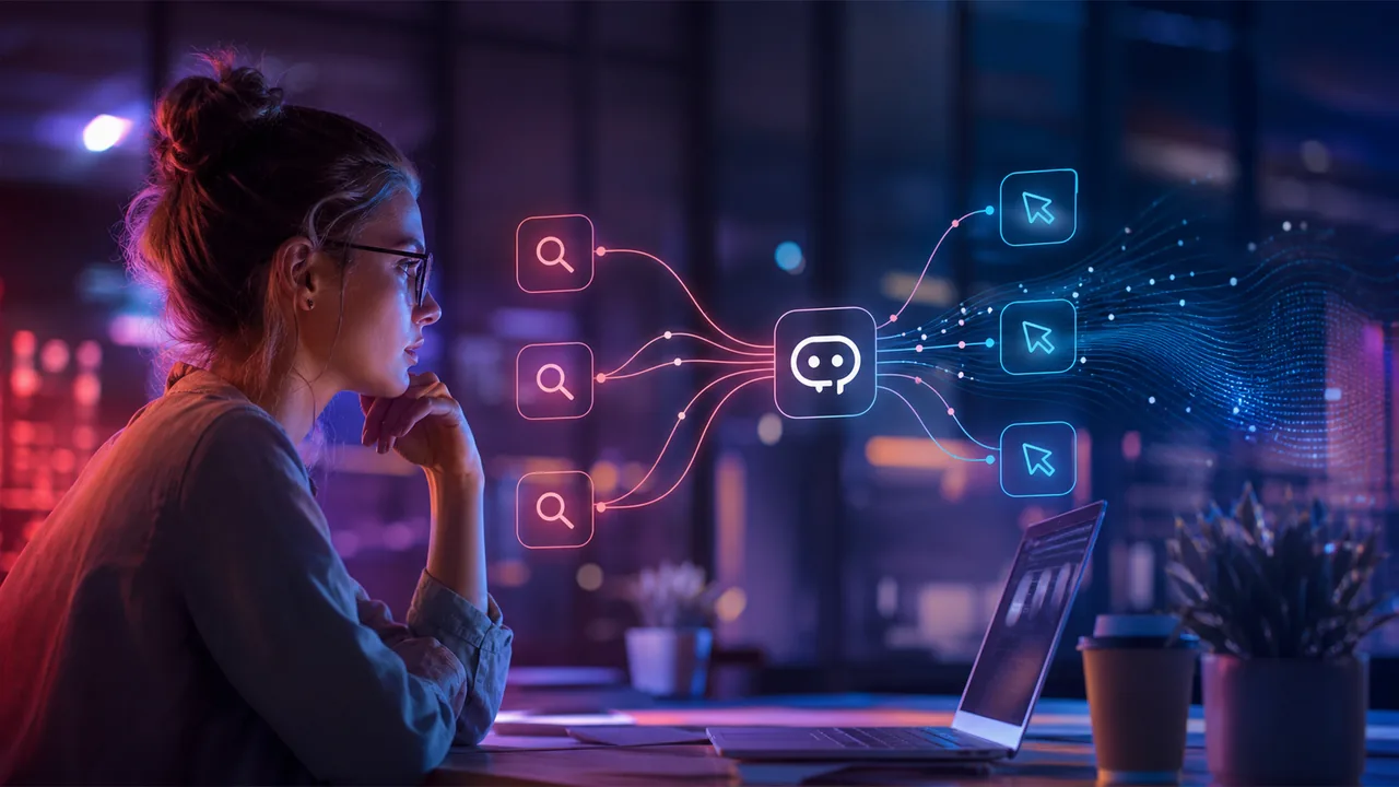 Analista observa um painel de visibilidade em recursos generativos de busca