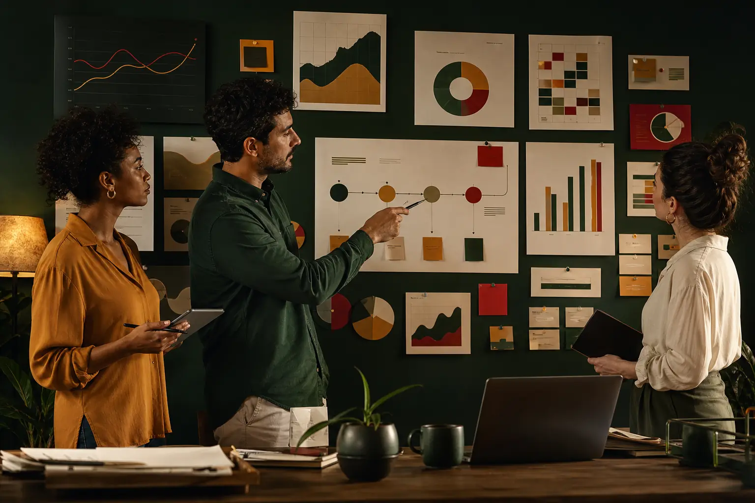 Equipe de pequeno negócio analisando gráficos e etapas de uma jornada de marketing em uma parede.