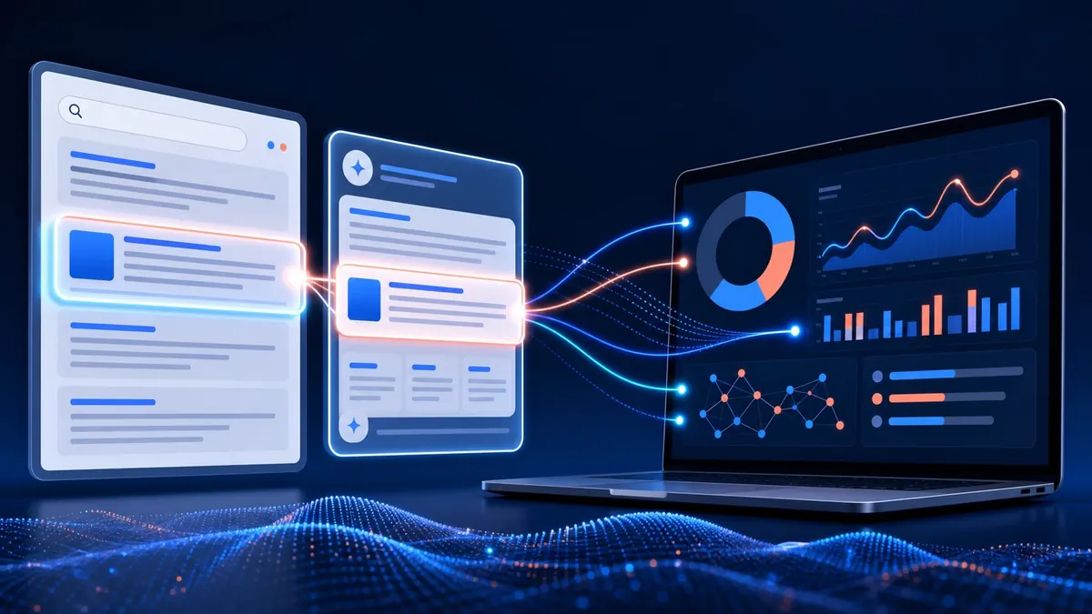 Resultados tradicionais e respostas de IA conectados a um painel de visibilidade