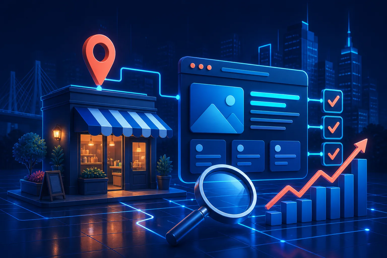 Pequena empresa conectada a um site, uma busca, uma lista de verificações e crescimento de visibilidade.