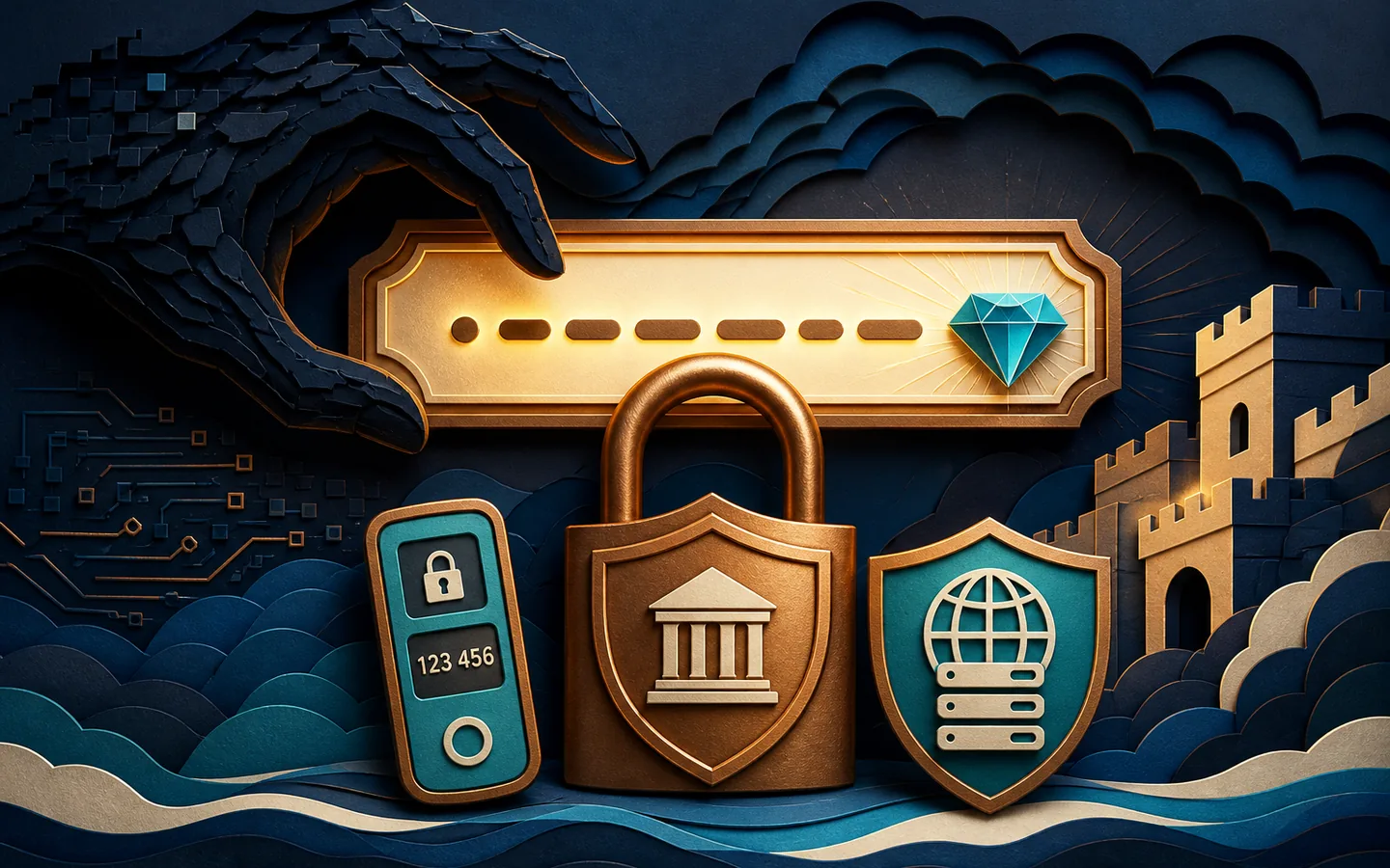 Domínio digital protegido por cadeado, autenticação e escudo de DNS