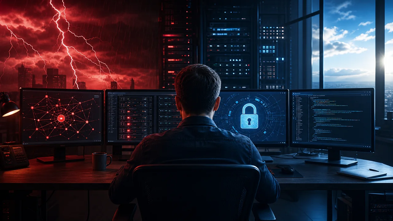 Técnico analisando as camadas de DNS, SSL, servidor e aplicação de um site fora do ar