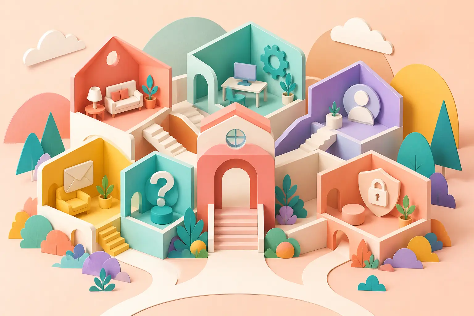 Ilustração de uma estrutura com ambientes conectados que representam as páginas essenciais de um site.