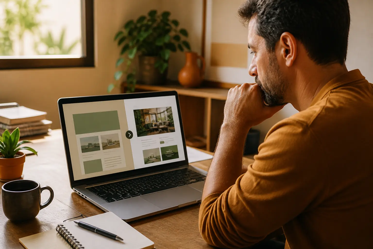 Empresário analisando duas versões de um site no notebook em um escritório acolhedor.