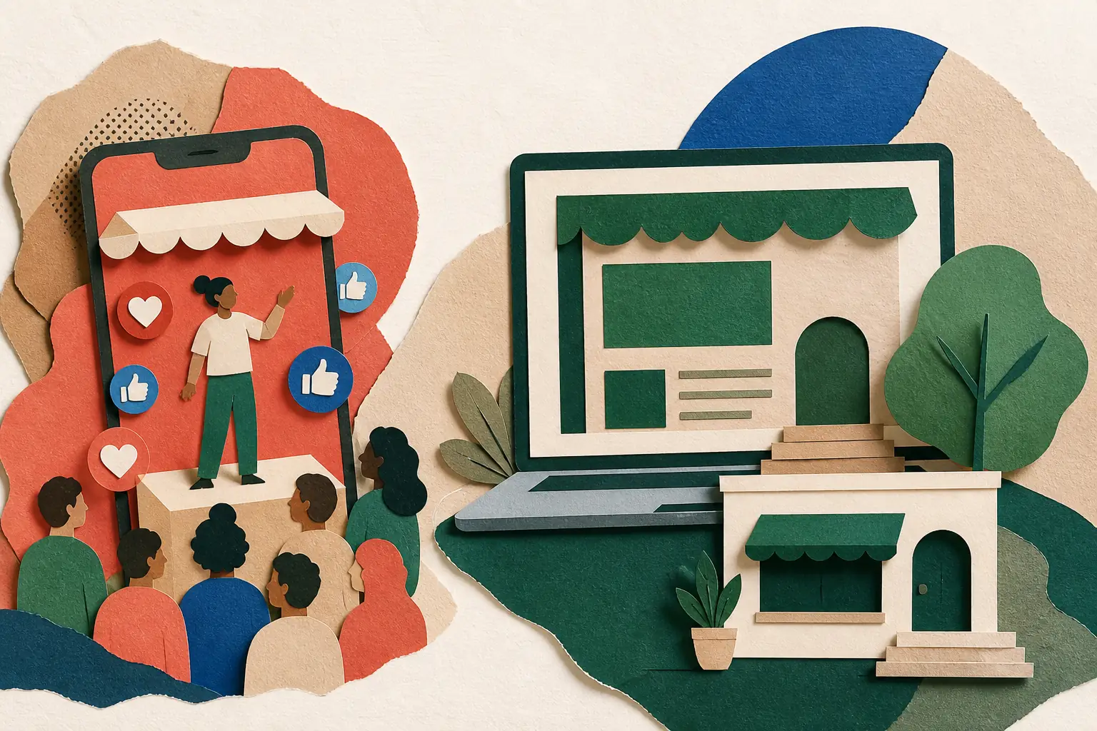 Colagem editorial com uma rede social em um celular e uma presença própria representada por site e loja.