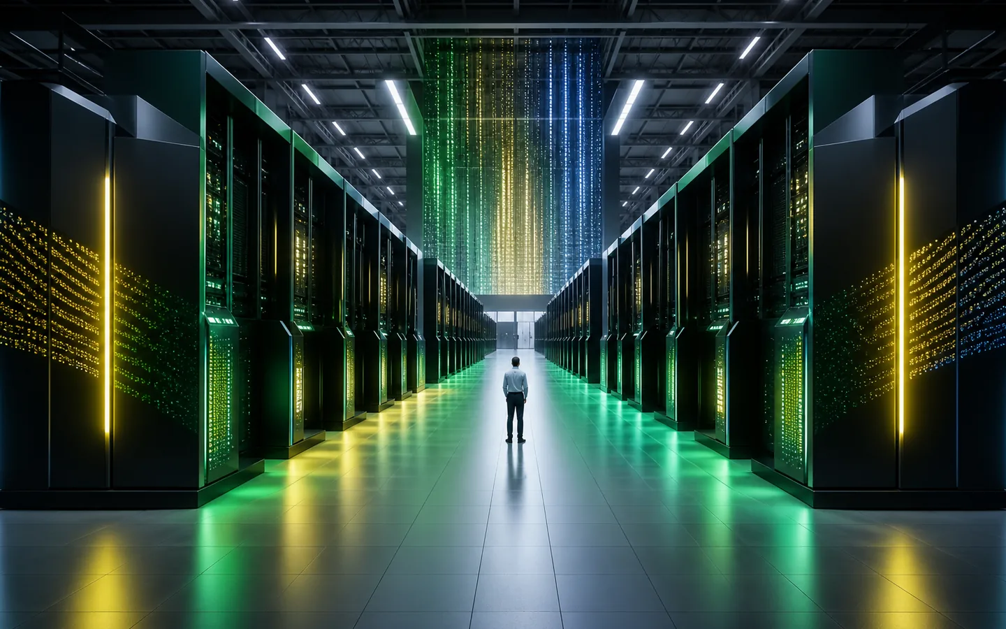 Grande corredor de supercomputador com luzes nas cores verde, amarelo e azul