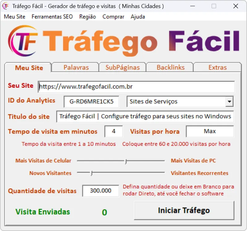Tela do Tráfego Fácil com configurações de site e visitas