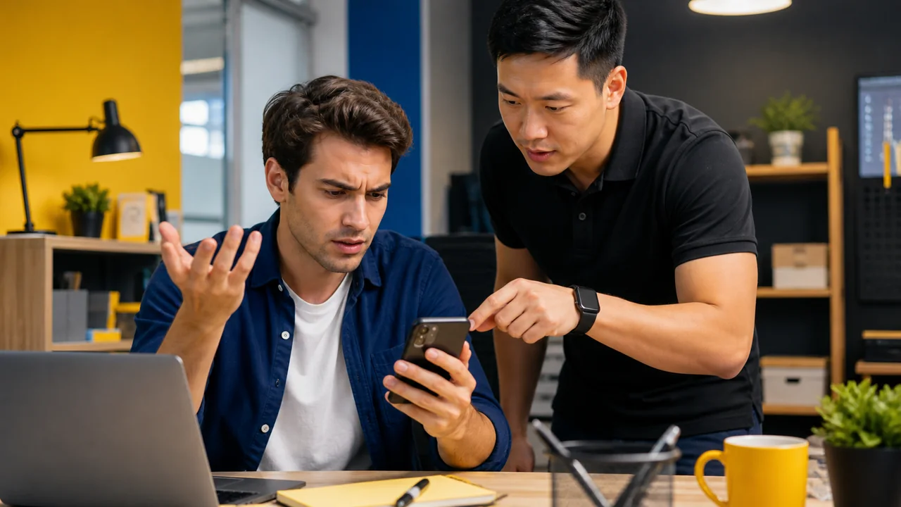 Celular com falha no WhatsApp Business sendo diagnosticado por uma comerciante