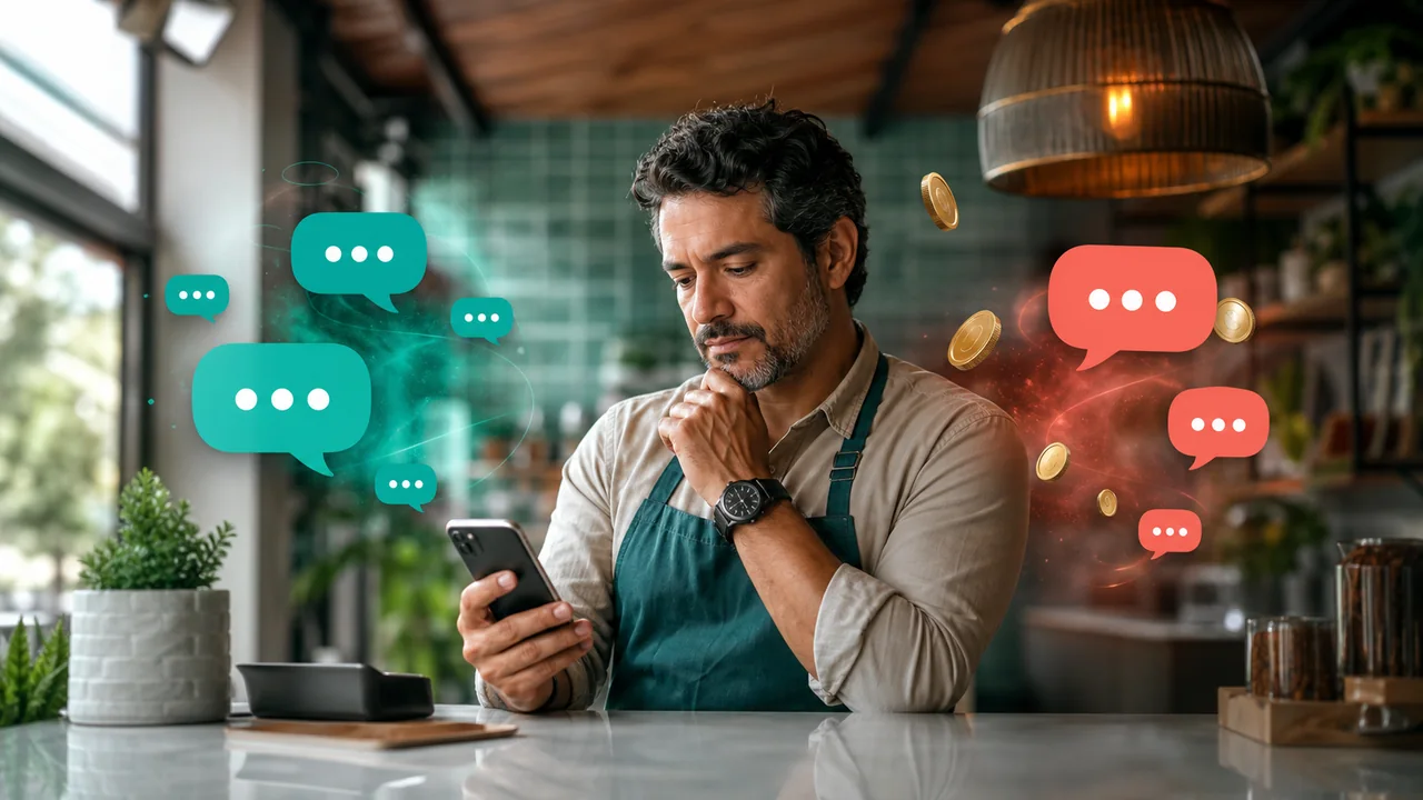 Comerciante analisando custos e mensagens do WhatsApp Business no celular