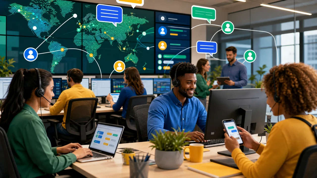 Equipe atendendo clientes pelo WhatsApp Business em vários computadores