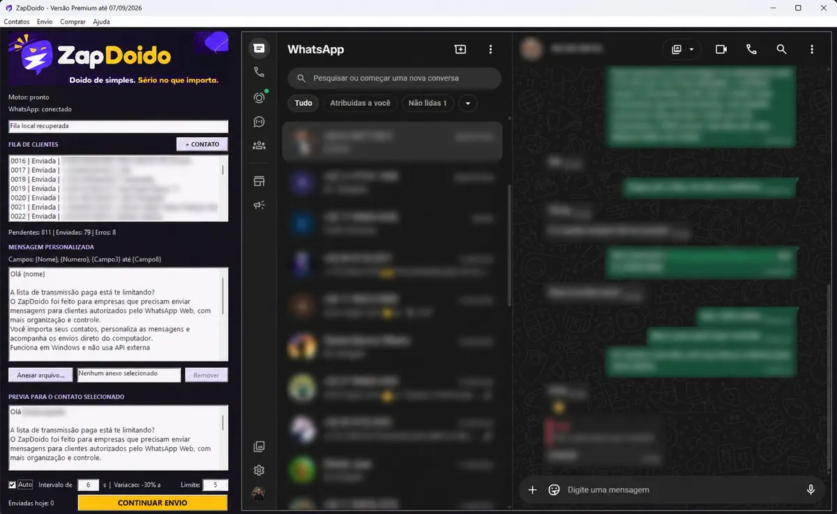 Tela do ZapDoido com fila de clientes ao lado do WhatsApp Web