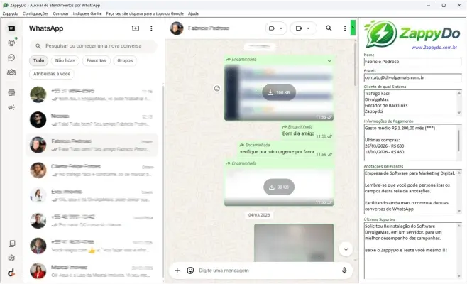 Tela do ZappyDo com cadastro de cliente ao lado do WhatsApp Web